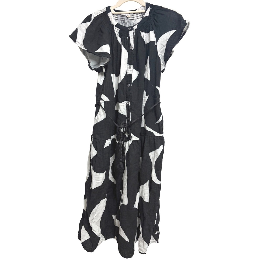 Time and Tru Abstract Midi Dress Boho Black White Cotton Tassel Belt Size M 8-10